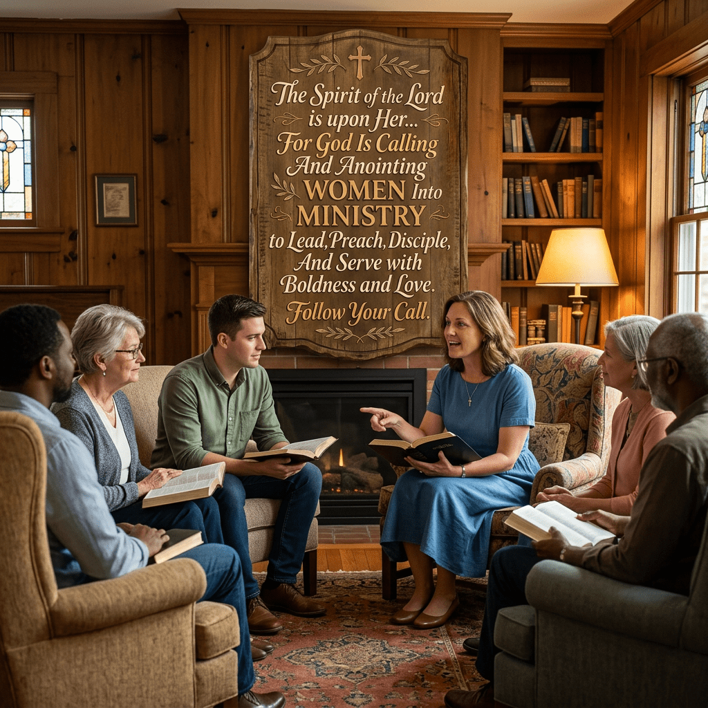Wooden sign in church calling and anointing women into ministry with a smiling woman holding a Bible nearby